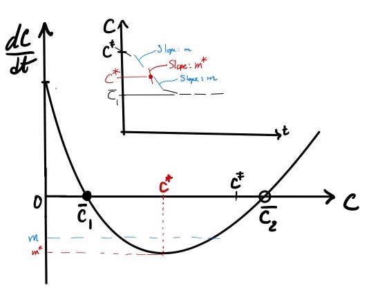Figure 5: Predicting time-course (inset) from the phase portrait with the initial condition (C_o = C^dagger). See legend to Figure 3 for additional details.